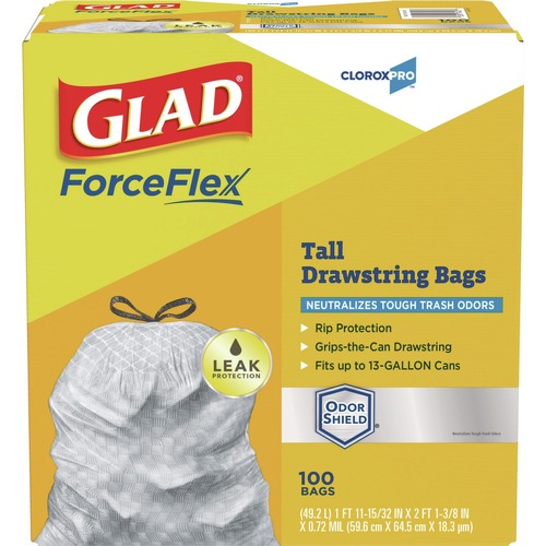 Trash Bags | Glad 70427 ForceFlex 13 Gallon 0.72 mil 23.75 in. x 24.88 in. Tall Kitchen Drawstring Trash Bags - Gray (100/Carton) image number 0