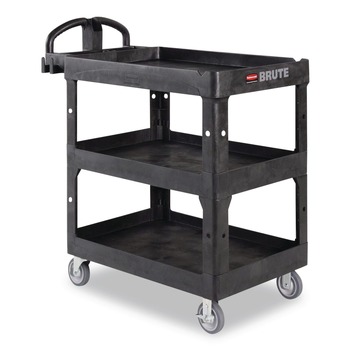 CLEANING CARTS | Rubbermaid Commercial 2196862 BRUTE 25.24 in. x 44 in. x 47 in. 3 Shelves 600 lb Capacity Resin 3-Shelf Heavy-Duty Ergo Lipped Utility Cart - Black