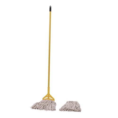Mops | Boardwalk BWK5324C 60 in. Metal/Plastic Handle No. 24 Natural Cotton Head Cotton Cut End Mop Kit - Yellow Handle (1-Kit) image number 0