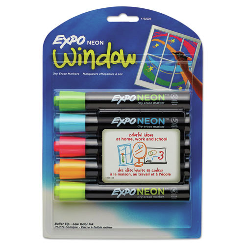 Washable Markers | EXPO 2211553 Broad Bullet Tip Neon Windows Dry Erase Marker - Assorted Colors (5/Set) image number 0