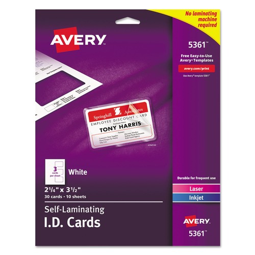 Label & Badge Holders | Avery 05361 2-1/4 in. x 3-1/2 in. Laminated Laser/Inkjet ID Cards - White (30/Box) image number 0