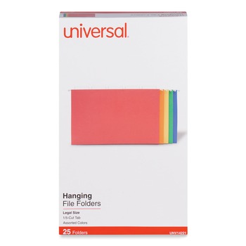 FILE FOLDERS | Universal UNV14221EE 1/5-Cut Tab Deluxe Bright Color Hanging File Folders - Legal Size, Assorted Colors (25/Box)
