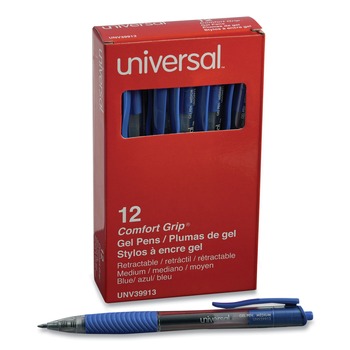 PENS | Universal UNV39913 0.7 mm. Medium Comfort Grip Retractable Gel Pen - Blue Ink, Clear/Blue Barrel (1-Dozen)