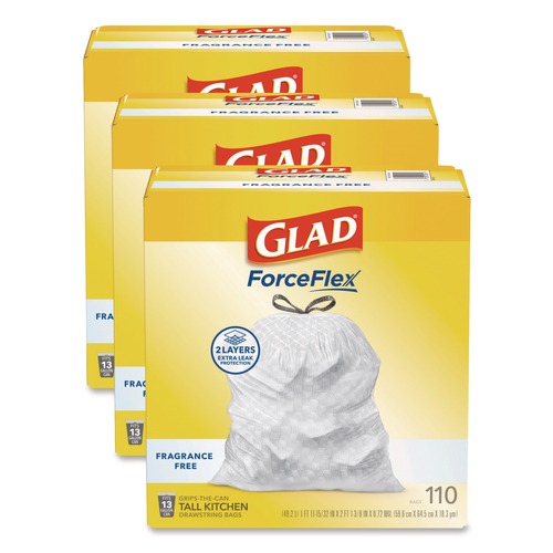 Trash Bags | Glad 22541 ForceFlex Kitchen Drawstring Trash Bags, Drawstring, 13 gal, Unscented, 23.47 x 25.38, White, 110 Bags/Box, 3 Boxes/Carton image number 0
