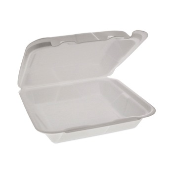 FOOD TRAYS CONTAINERS LIDS | Pactiv Corp. YHD18SS00200 8 in. x 7.75 in. x 2.25 in., Dual Tab Lock Happy Face, Foam Hinged Lid Containers - White (200/Carton)