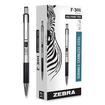 Zebra 27110 F-301 Fine 0.7 millimeter Retractable Ballpoint Pen - Black Ink/Stainless Steel/Black Barrel (1-Dozen)