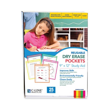 C-Line 40820 9 in. x 12 in. Reusable Dry Erase Pockets - Assorted Neon Colors (25/Box)