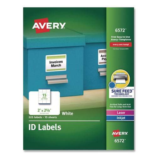 Labels | Avery 06572 2 in. x 2.63 in. Permanent ID Labels with Sure Feed Technology - White (15/Sheet, 15 Sheets/Pack) image number 0