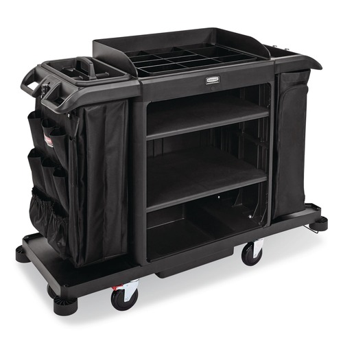 Cleaning Carts | Rubbermaid Commercial 2202527 24.4 in. x 62.4 in. x 49 in. Full-Size 3-Shelf Resin Housekeeping Cart with Accessory Bundle - Black image number 0