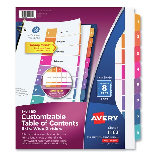 Back to School Sale | Avery 11163 Ready Index 11 in. x 9.25 in. 8-Tab 1 to 8 Extra Wide Tabs Customizable TOC Dividers - Multicolor Tabs/White (1-Set) image number 0