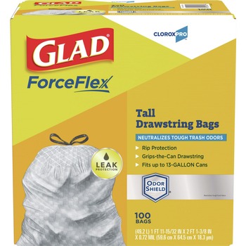 Glad 70427 ForceFlex 13 Gallon 0.72 mil 23.75 in. x 24.88 in. Tall Kitchen Drawstring Trash Bags - Gray (100/Carton)