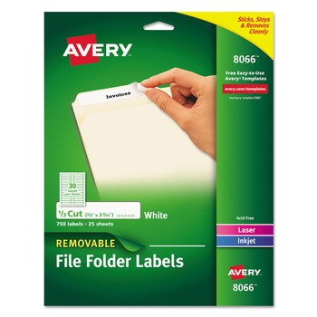 Avery 08066 0.66 in. x 3.44 in. Removable File Folder Labels with Sure Feed Technology - White (30/Sheet, 25 Sheets/Pack)