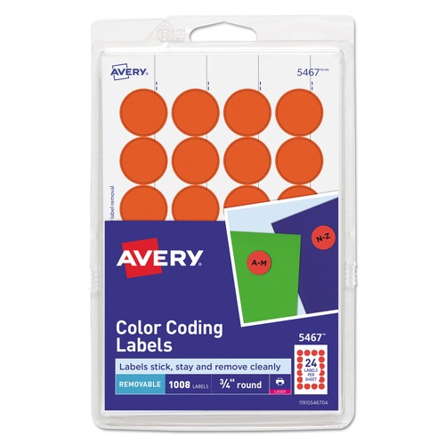 Labels | Avery 05467 0.75 in. Diameter Printable Self-Adhesive Removable Color-Coding Labels - Neon Red (24/Sheet, 42 Sheets/Pack) image number 0
