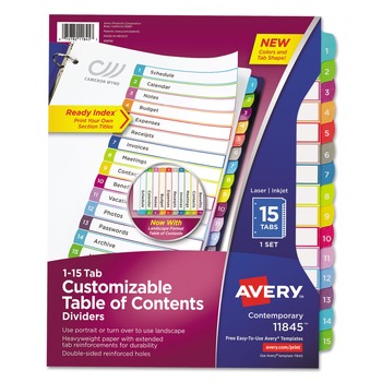 Avery 11845 1 - 15 Tab 11 in. x 8.5 in. Customizable TOC Ready Index Divider Set - Multicolor (1 Set)