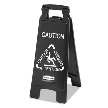 Rubbermaid Commercial 1867505 Executive 2-Sided 10-9/10 in. x 26-1/10 in. Multi-Lingual Caution Sign - Black/White