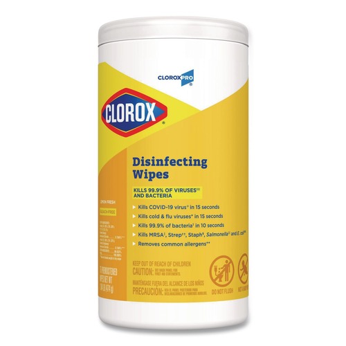 Hand Wipes | Clorox 15948 1-Ply 7 in. x 8 in. Disinfecting Wipes - Lemon Fresh, White (75/Canister) image number 0