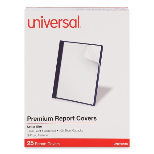 Report Covers & Pocket Folders | Universal UNV56138EE 1/2 in. Capacity Letter Size Tang Clip Plastic Report Covers - Clear/Dark Blue (25/Box) image number 0