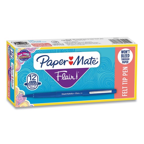 Back to School Sale | Paper Mate 8410152 Medium 0.7 mm Point Guard Flair Felt Tip Porous Point Stick Pen - Blue Ink, Blue Barrel (1-Dozen) image number 0