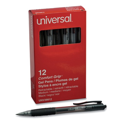 Pens | Universal UNV39912 0.7 mm. Medium Comfort Grip Retractable Gel Pen - Black Ink, Clear/Black Barrel (1-Dozen) image number 0