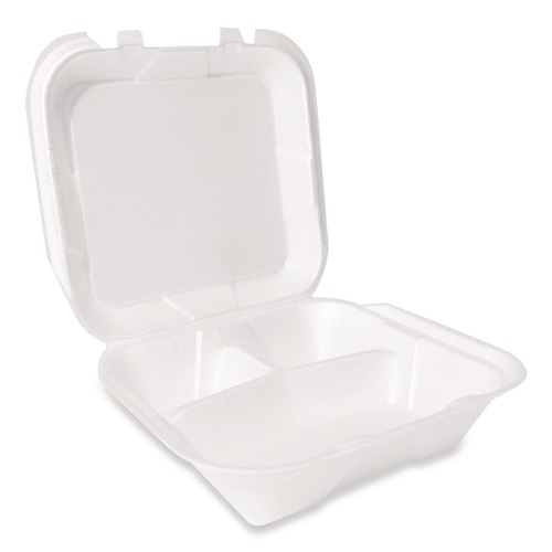 Food Trays, Containers, and Lids | Plastifar 12094 9 in. x 9 in. x 3 in. Secure Two Tab Latch Poly Bag 3 Compartments Foam Hinged Lid Container - White (200/Carton) image number 0