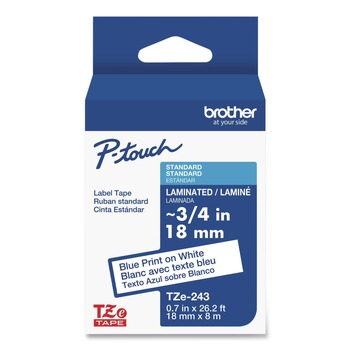 Brother P-Touch TZE243G 0.7 in. x 26.2 ft. TZe Standard Adhesive Laminated Labeling Tape - Blue on White