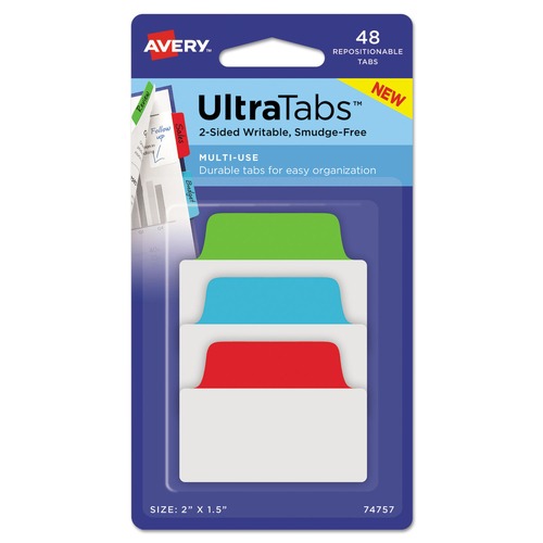 Dividers & Tabs | Avery 74757 2 in. x 1.5 in. 1/5-Cut Standard Ultra Tabs Repositionable Tabs - Assorted Colors (48/Pack) image number 0