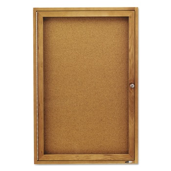 Quartet 363 24 in. x 36 in. Enclosed Indoor Cork Bulletin Board with 1 Hinged Door - Tan Surface, Oak Fiberboard Frame
