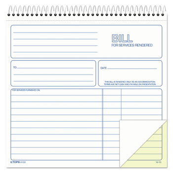 TOPS 4133 50 Forms Total Two-Part Carbonless 8.5 in. x 7.75 in. Bill for Services Rendered Book
