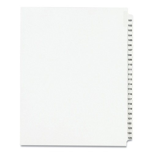 Back to School Sale | Avery 01334 11 in. x 8.5 in. 25-Tab 101 to 125 Avery Style Preprinted Legal Exhibit Side Tab Index Dividers - White (1-Set) image number 0
