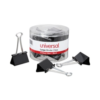 Universal UNV11112 Binder Clips with Storage Tub - Large, Black/Silver (12/Pack)