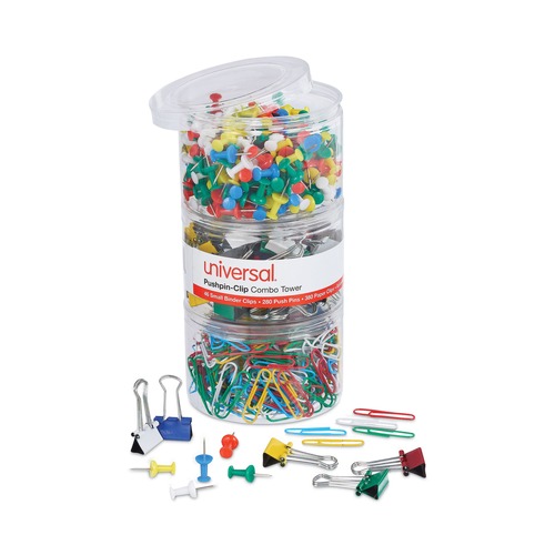 Push Pins | Universal UNV31203 Combo Clip Pack with 3-Tier Organizer Tub - Assorted (1-Kit) image number 0