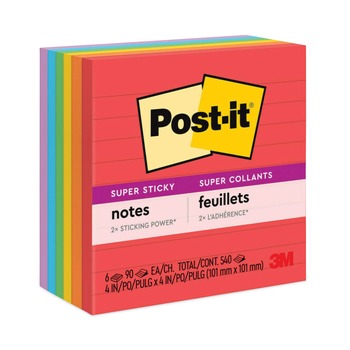 Post-it Notes Super Sticky 675-6SSAN 4 in. x 4 in. Note Ruled Pads in Playful Primary Collection Colors (6/Pack)