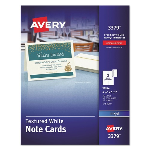 Envelopes & Mailers | Avery 03379 4.25 in. x 5.5 in. 65 lbs. Inkjet Note Cards with Matching Envelopes - Textured Uncoated White (50 Cards, 2 Cards/Sheet, 25 Sheets/Box) image number 0