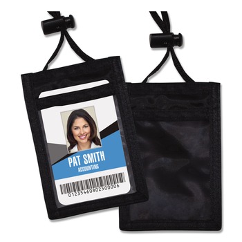 FACILITY MAINTENANCE SUPPLIES | Advantus 75453 3.25 in. x 5 in. Holder 2.38 in. x 3.5 in. Insert 48 in. Cord Vertical ID Badge Holders with Convention Neck Pouch - Black/Clear (12/Pack)