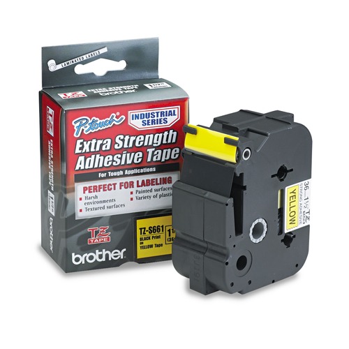 Labels | Brother P-Touch TZES661 1.4 in. x 26.2 ft. TZ Extra-Strength Adhesive Laminated Labeling Tape - Black on Yellow image number 0