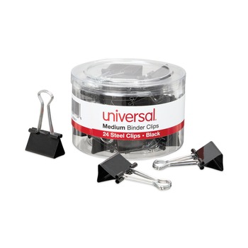 Universal UNV11124 Binder Clips with Storage Tub - Medium, Black/Silver (24/Pack)