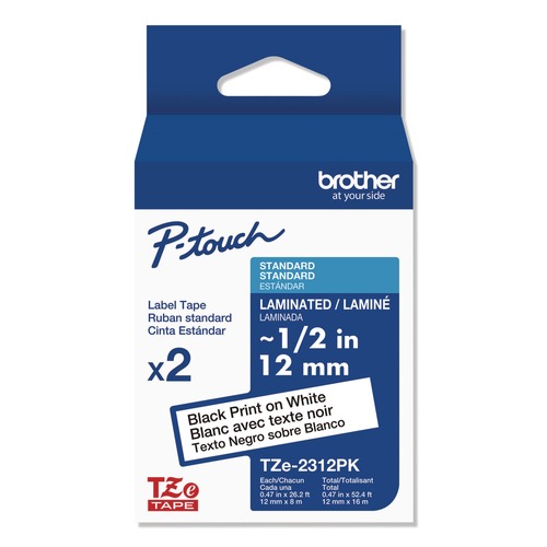 Labels | Brother P-Touch TZE2312PKG Tze Standard Adhesive 0.47 in. x 26.2 ft. Laminated Labeling Tapes - Black On White (2/Pack) image number 0