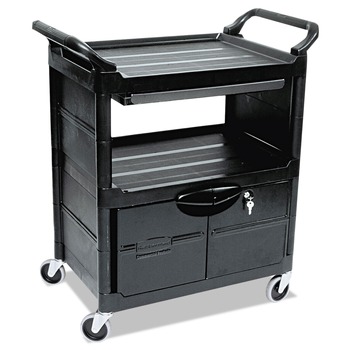 Rubbermaid Commercial FG345700BLA 33-5/8 in. x 18-5/8 in. x 37 in. 3 Two-Shelf Utility Cart with Locking Doors - Black