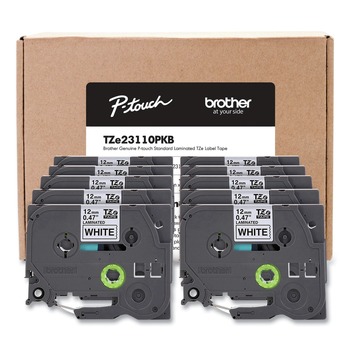 TAPES | Brother P-Touch TZE23110PKB 0.5 in. TZe Series Standard Adhesive Laminated Labeling Tape - Black on White (10/Pack)
