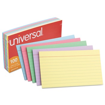 FLASH CARDS | Universal UNV47216 3 in. x 5 in. Index Cards - Blue/Violet/Green/Cherry/Canary (100-Piece/Pack)