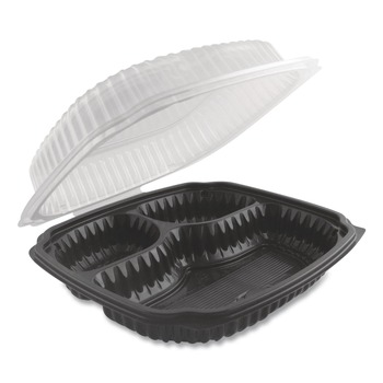 PRODUCTS | Anchor 4699931 20 oz/5 oz/5 oz 9 in. x 9 in. x 3.13 in. Plastic Culinary Lites Microwavable 3-Compartment Container - Clear/Black (100/Carton)