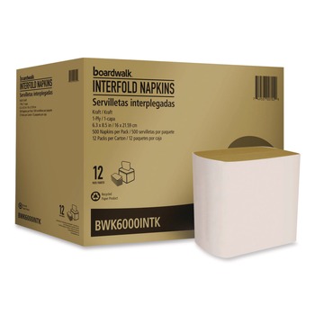 Boardwalk BWK6000INTK 6.3 in. x 8.5 in. 1-Ply Interfold Napkins - Kraft (12/Carton)