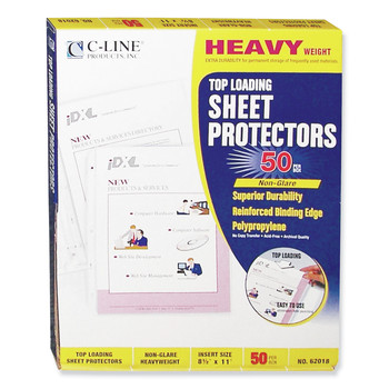 C-Line 62018 3-Hole Punched Top Load 8.5 in. x 11 in. Insert Heavy-Duty Polypropylene Sheet Protectors - Nonglare Clear Front (50/Box)