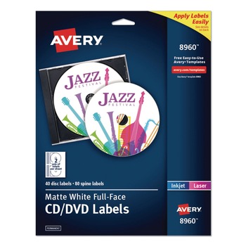 Avery 08960 Full Face CD Labels - Matte White (40/Pack)