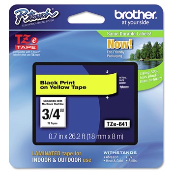 LABELS AND LABEL MAKERS | Brother P-Touch TZE641 0.7 in. x 26.2 ft. TZe Standard Adhesive Laminated Labeling Tape - Black on Yellow