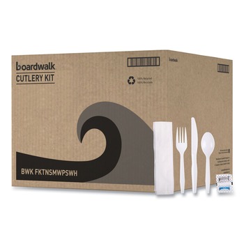 Boardwalk BWKFKTNSMWPSWH 6-Piece Condiment/Fork/Knife/Napkin/Teaspoon Cutlery Kit - White (250/Carton)