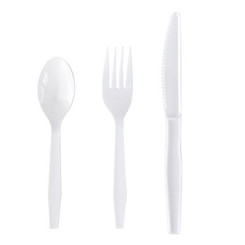 Boardwalk BWK3KITHVYWH 3-Piece Polystyrene Fork/Knife/Teaspoon Cutlery Kit - White (250/Carton)
