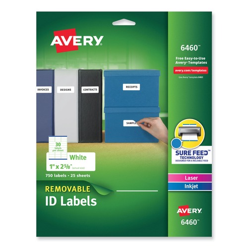 Labels | Avery 06460 1 in. x 2.63 in. Inkjet/Laser Printers Removable Multi-Use Labels - White (750/Pack) image number 0