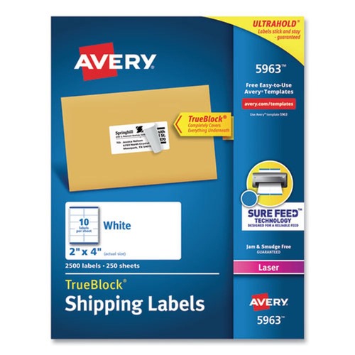 Labels | Avery 05963 2 in. x 4 in. Shipping Labels with TrueBlock Technology for Laser Printers - White (10/Sheet, 250 Sheets/Box) image number 0