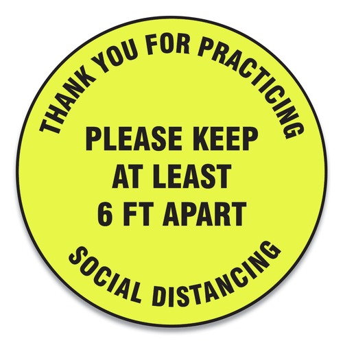 Floor Signs & Safety Signs | GN1 MFS427ESP 17 in. Circle "Thank You For Practicing Social Distancing Please Keep At Least 6 ft. Apart" Slip-Gard Floor Signs - Yellow (25/Pack) image number 0
